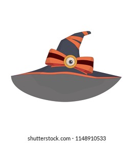 witch's hat with orange ribbons and bobby pin in the form of an eye on an isolated background