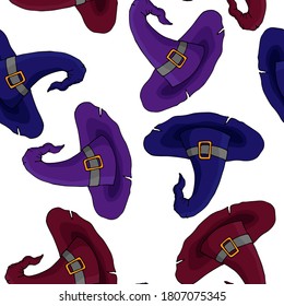 Witch's hat ornament seamless vector illustration pattern for Halloween wallpaper and fabric, wrapping paper, background for scrapbooking