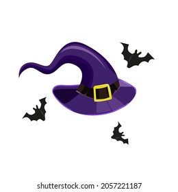 The witch's hat is purple with bats. Vector graphics for festive decoration