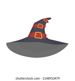 witch's hat with red straps and gold plaques on isolated background