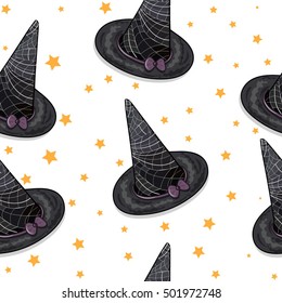 Witch's Hat. Starry Sky. Magical night. Seamless patern.