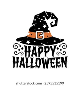 A witch's hat with stars, an orange belt, and a buckle, accompanied by the text HAPPY HALLOWEEN in a decorative font