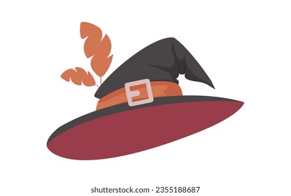 A witch's hat is a tall hat that witches put on their heads. It has a sharp shape. A Halloween hat that resembles a baseball cap. Cartoon style, Vector Illustration