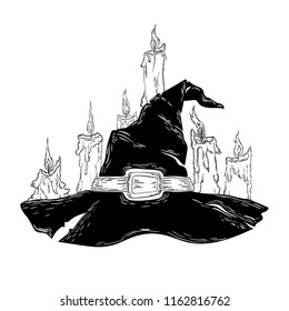 The witch's hat with wax candles. Halloween, hand drawing, sketch on white background