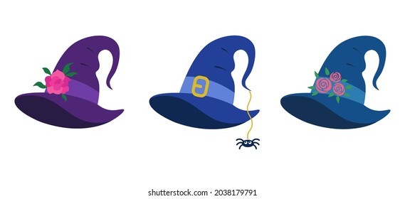 Witch's hats set. Halloween Illustration. Cartoon witch hats decorated with flowers and spider. Halloween design elements. Vector illustration isolated on white background.
