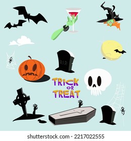 witch's head. vampire coffin. scull. glass of blood. moon. the bats. headstone. spider. pumpkin head. web. cemetery. halloween. flat