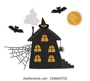 The witch's house is magical.  The moon, bats, cobwebs and a hat on the roof for Halloween. Vector thematic illustration isolated for falling design and decor.