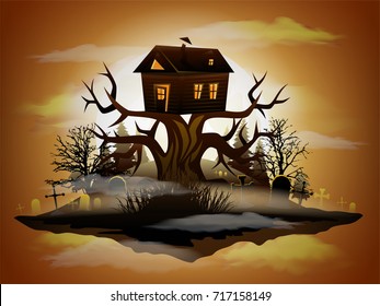 The witch's house on tree, flying island, full moon. Halloween background.