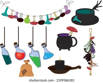 Witchs hut items for magic and alchemy collection vector illustration
