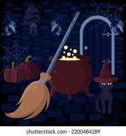 Witch's Hut Vector Illustration With Cauldron, Broom, Cat, Pumpkins, Bat, Herbs and Spider Web. Perfect for Halloween Banners, Printed Materials, Social Media, etc.