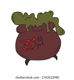 The witch's jar and text 31 Oct. Magic potion. Symbol of witchcraft. Dark boiling cauldron. A traditional element of Halloween. Vector illustration