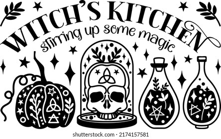 Witch's kitchen vector print. Halloween mystical quote. Magic potions, scull, celestial pumpkin. Halloween lettering  svg