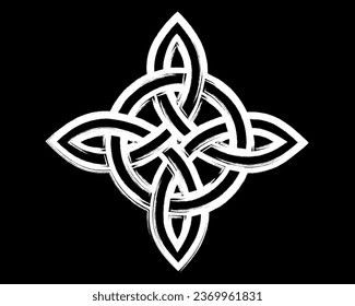 The Witch's Knot, Wicca symbol, Power of four elements, paint brush stroke style, white grunge celtic cross vector graphic design isolated on black background