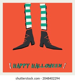 Witch's legs on a red background. Greeting card. Invitation template. Trendy vector design for web and print.