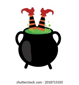 the witch's legs stick out of the cauldron, color isolated vector illustration for the Halloween holiday