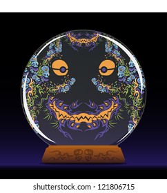 Witch's magic crystal ball with spirits inside vector illustration