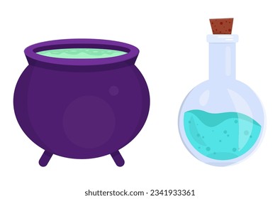 Witch's magic potion, Halloween. A large cauldron of potions and a tube of magical liquid, magical items. Halloween holiday. Vector illustration