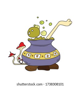 A witch's perfume jar. Magic potion. Symbol of witchcraft. Dark boiling cauldron. Traditional element of Halloween. Vector illustration.