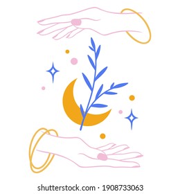 The witch's pink hands are holding the orange moon and the blue magic flower vector illustration in trend
colours.