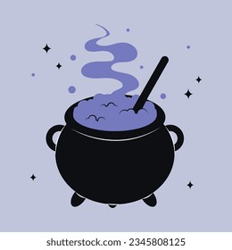 Witchs Poison Cauldron. Scary Devils Cauldron Halloween Decoration. Vector cute illustration of black witch pot in trendy colors for postcard, flyer, banner. Happy Halloween.