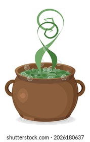 witchs pot with green hel, sup and bubbles, Halloween decoration, clay or metal pot 