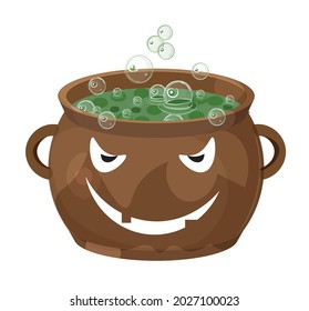 witchs pot with green hel, sup and bubbles, Halloween decoration, clay or metal pot wiith terrible face 