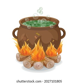 witchs pot with green hel, sup and bubbles, Halloween decoration, clay or metal pot  on fire firewood