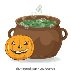 witchs pot with green hel, sup and bubbles, Halloween decoration, clay or metal pot, and pumpkin wiith terrible face 