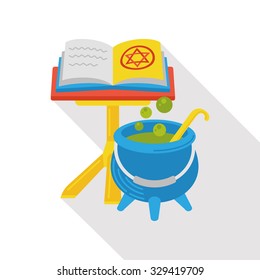 Witch's pot and magic book flat icon