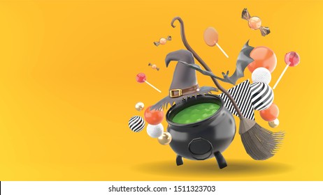 The witch's pot is surrounded by witch hats, brooms, bats, balls, and candies on an orange background.
