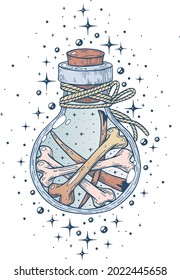 A witch's potion bottle, with bones.