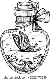 A witch's potion bottle, with a butterfly.