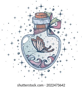 A witch's potion bottle, with a butterfly.