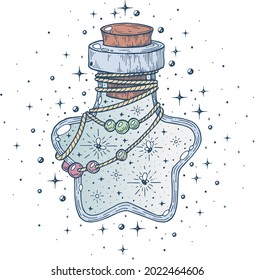 A witch's potion bottle with fireflies.