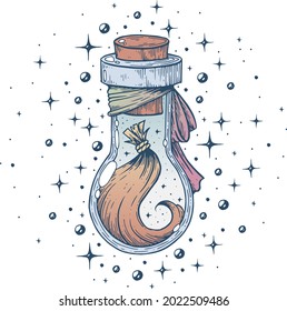 A witch's potion bottle, with a lock of hair.
