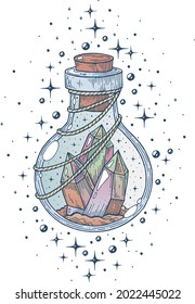 Una botella de poción de una bruja, con cristales mágicos.