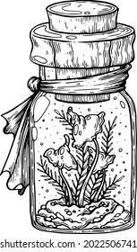 A witch's potion bottle, with mushrooms.