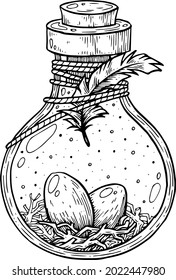 A witch's potion bottle, with a nest.