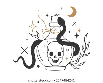 Witch's potion. Halloween Bottle with Magic Potion, Skull inside and Snake. Poison, Medication, Toxic. Mystical, witchcraft equipment. Vector illustration isolated on white