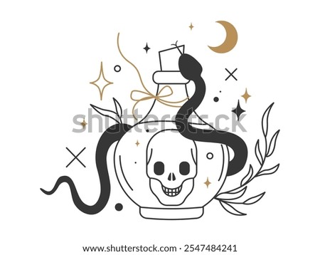 Witch's potion. Halloween Bottle with Magic Potion, Skull inside and Snake. Poison, Medication, Toxic. Mystical, witchcraft equipment. Vector illustration isolated on white