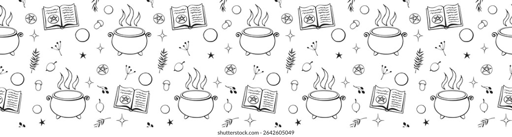 A witch's potion. Ingredients for making a magical brew. Seamless pattern of mystery elements. Halloween theme and female power