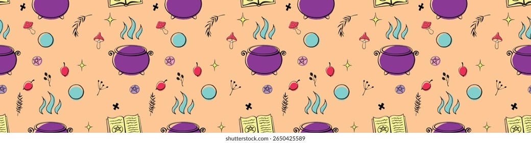 A witch's potion. Ingredients for making a magical brew. Seamless pattern of bright elements. Halloween theme and female power