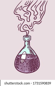 Witch's potion. Mystical alchemy drink in a bottle. Astrology symbol. Magic Boho illustration. Hand drawn engraved sketch for tattoo or t-shirt.