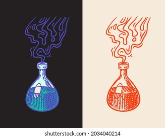 Witch's potion. Mystical alchemy drink in a bottle. Astrology symbol. Magic Boho illustration. Hand drawn engraved sketch for tattoo or t-shirt.