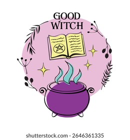 A witch's potion. Set of elements, ingredients for making a magical brew. Good Witch - lettering. Halloween theme and female power