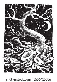 Witch's ring of mushroom around the tree. Night, moon and starry sky.
Black and white ink drawing.