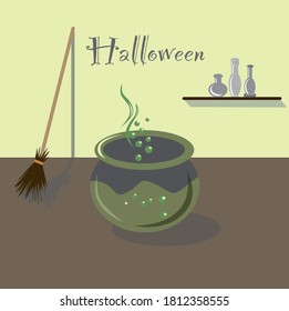 witch's room with a cauldron in which the potion is brewed