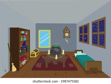 witch's room with furniture at midnight