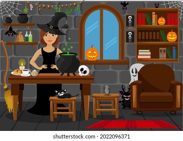 The witch's room, prepared for the celebration of Halloween with horror stories. Vector illustration on the theme of the interior.