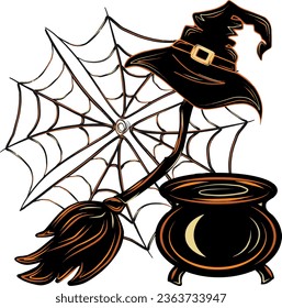 Witch's stuff, hat, broomstick, potion cauldron and cobweb black. EPS vector illustration for stickers, creating patterns, wrapping paper, postcards, design template, fabric.